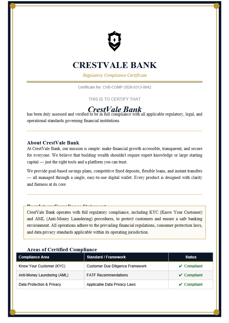 CrestVale Bank Compliance